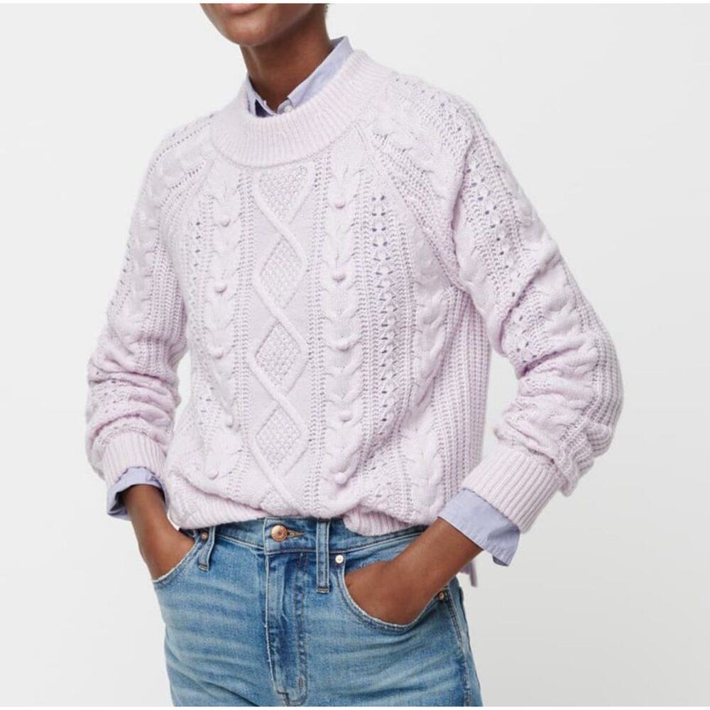 J. Crew Lambswool Azra Cable Knit Pom-Pom Sweater Vivid Lilac Size‎ Medium - Picture 4 of 12